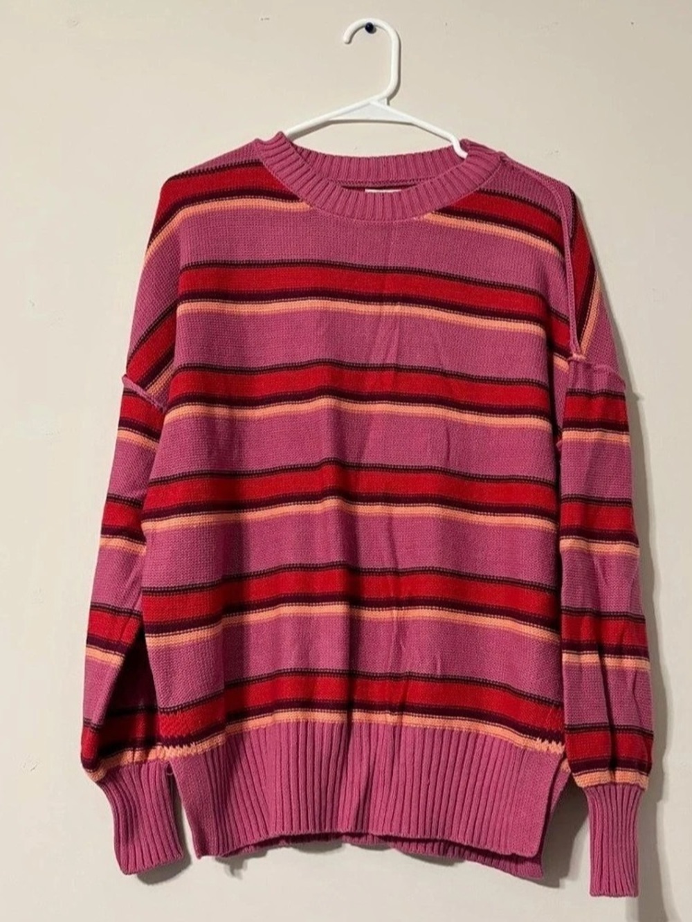 BDG Charlie Striped Crewneck Sweater in Pink & Red Size Small